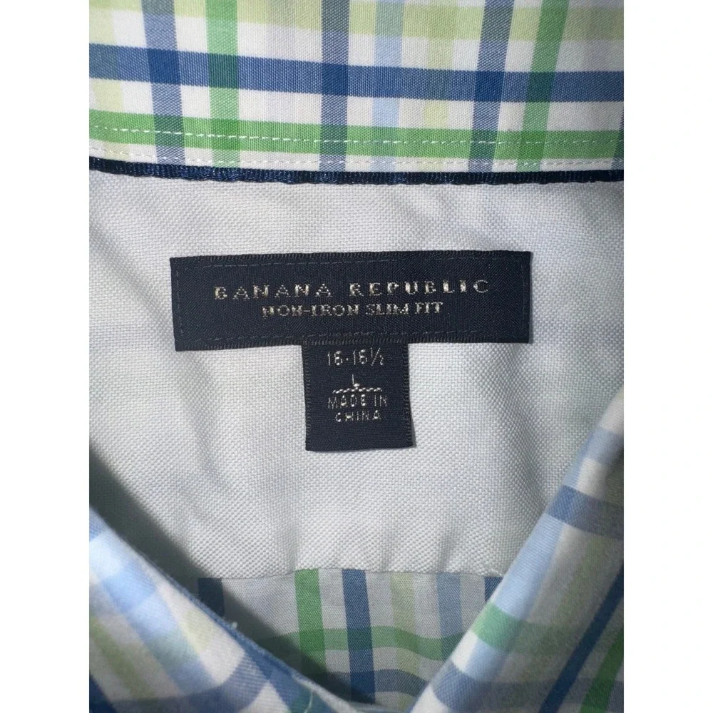 Banana Republic Button Down Green Blue Plaid Non-Iron Slim Fit 16-16.5 Size L